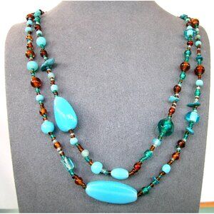 Handcrafted Beaded Necklace With Faux Turquoise & Amber Beads 60"